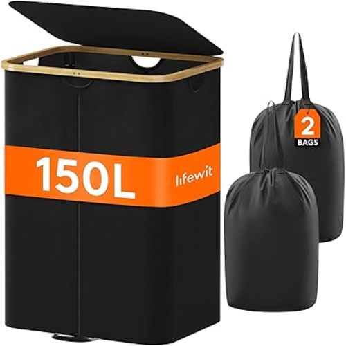 Lifewit 150L Double Laundry Hamper with Lid, Large Dual Laundry Basket Removable Bags, 2 Sections Aesthetic Clothes Hampers for Laundry with Bamboo Handles for Bedroom Bathroom Dorm, Black