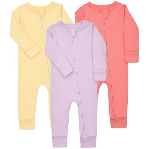 Aablexema Baby Cotton Footless Pajamas with Mitten, 3-pack Infant Romper Zip Up One Piece Jumpsuits Outfit
