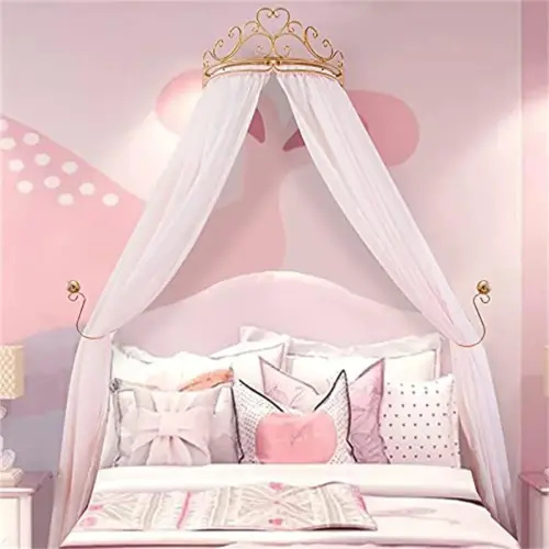 Lotus Karen Princess Bed Curtains Canopy, Cute Lace Mosquito Net with Metal Crown for Girls Kids Toddlers Crib Bedroom Decoration
