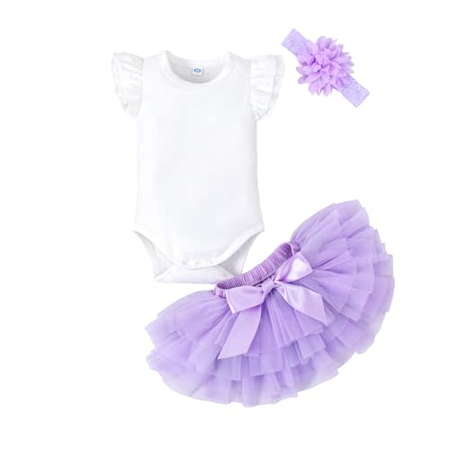 LYSMuch 0-24M Baby Girls Outfit Set Tutu Skirt with Diaper Cover Ruffle Sleeve Bodysuit Flower Headband
