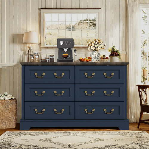 Farmhouse Style 6 Drawer Dresser for Bedroom, 47.2” Wide Wooden Rustic Chest of Drawers, Natural Grain, Vintage Design, Light Rustic Navy Blue Storage Dresser Organizer for Bedroom, Living Room