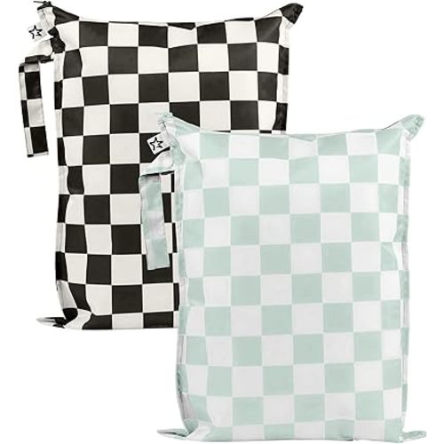 Tiny Twinkle Mess-proof Waterproof Wet Dry Bag | 2 Pack Reusable for Swimsuits, Gym & Baby Clothes | Leakproof Wet Clothes Bag, Beach Travel Essentials (Black, Green Checkers)