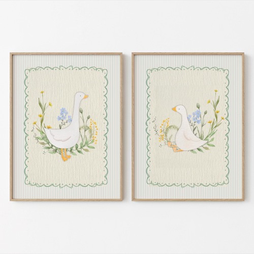 Vintage Wall Gallery Silly Goose Nursery Print, Sweet Floral Nursery Decor, Boys Room Art, Nursery Wall Art Girl, Baby Animal Art, Set of 2