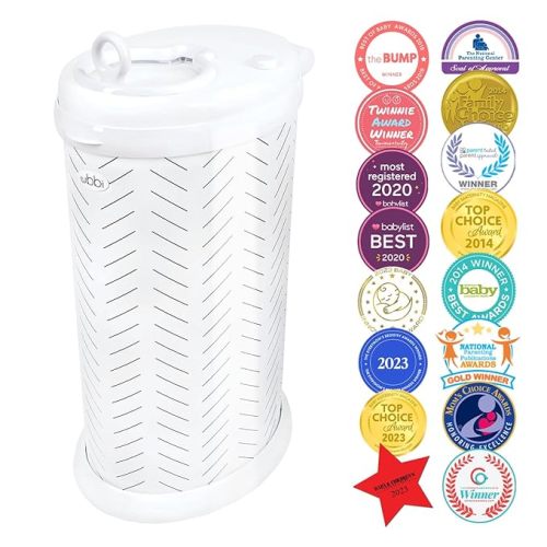 Ubbi Stainless Steel Diaper Pail, Odor Locking, No Special Bag Required, Award-Winning, Registry Must-Have, Herringbone