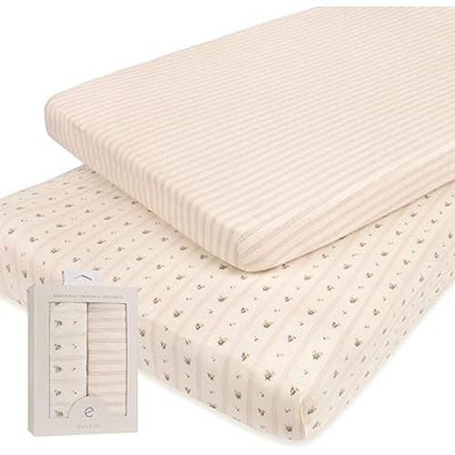 Ely’s & Co. Pack and Play Sheets, for Mini/Portable Crib, 2 Pack Fitted Playpen Play Yard Sheet Set Compatible with Graco Pack n Play, for Baby Girls, 100% Cotton, Pink Linear Floral, 38”x24”x5”