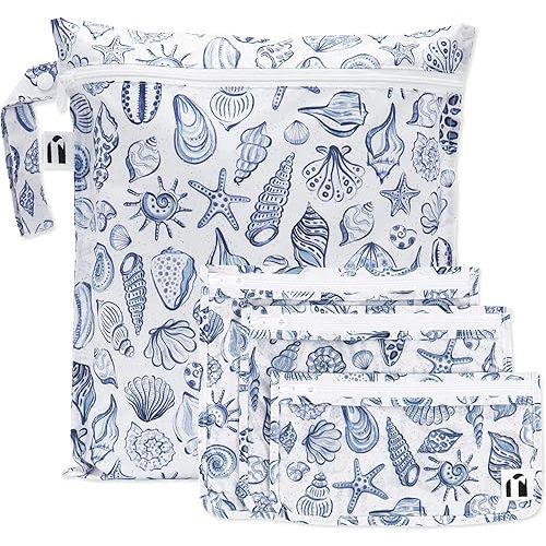 Bumkins Roamio Wet Bag and 3-Pack Clear-Sided Travel Pouches, Waterproof Fabric Organizer for Toiletries, Gym Clothes, Swim Gear, Shoes, Accessories, TSA Compliant Packing Set, Blue Shells 4-pc Set