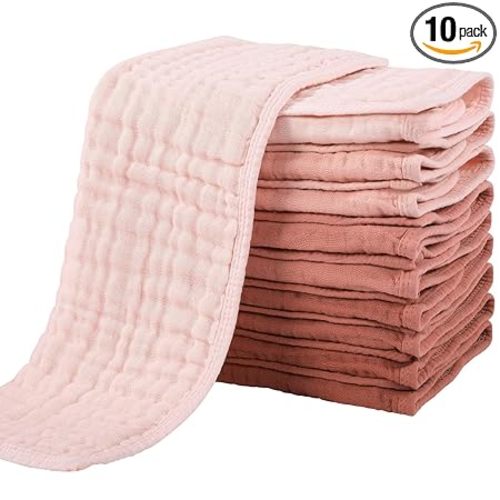 Yoofoss Muslin Burp Cloths for Baby 10 Pack 100% Cotton Baby Washcloths for Boys Girls Large 20''X10'' Super Soft and Absorbent Gradient Pink