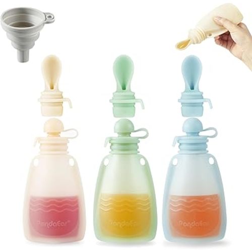 PandaEar 3 Pack Silicone Baby Food Pouches, Reusable Squeeze Pouches for Toddler with 3 Silicone Puree Feeder Spoon, BPA-Free Silicone Refillable Infant Food Storage, 5.5 oz (Beige&Blue&Green)