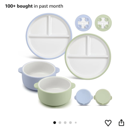 Domensi 4 Pcs Porcelain Kids Plates and Bowls Sets with Suction, 2 Ceramic Toddler Divided Plates 2 Baby Anti Slip Silicone Sleeve Bowls for Feeding Supplies Microwave Dishwasher Safe(Blue,Green)