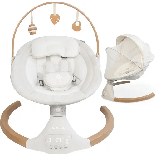Jool Baby Nova Nature Baby Swing for Newborns with Natural Wood Toys, Electric Motorized Infant Swing, Bluetooth Music, Remote (Oatmeal)