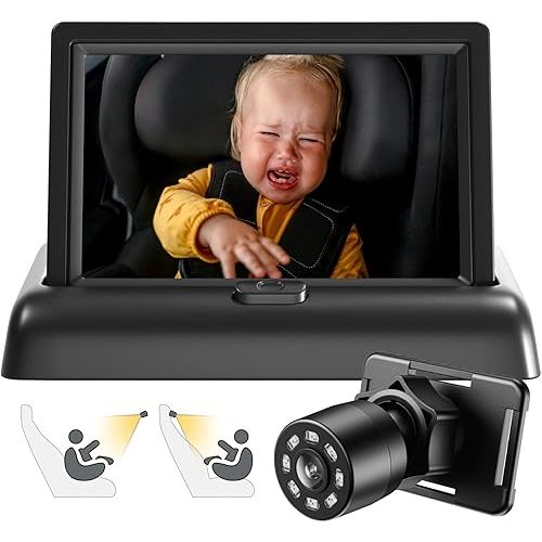 Baby Car Mirror, Car Baby Camera Monitor, Safety Car Seat Mirror Camera with 4.3'' HD, Wide Crystal Clear View, Night Vision, Not Need to Turn Around, Observe The Baby's Every Move at Any Time
