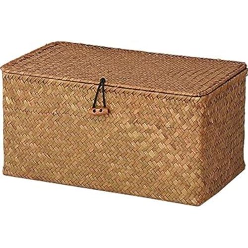 DOKOT Rectangular Handwoven Seagrass Storage Basket with Lid for Shelves and Home Organizer Bin, (M (12"x7"x6"H), Brown)