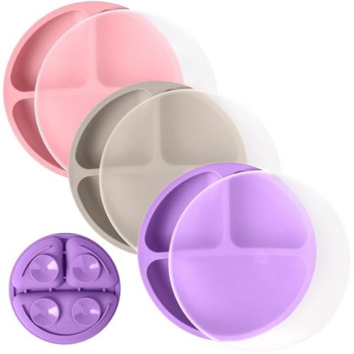 Weesprout Suction Plates For Babies & Toddlers 100% Silicone Divided Design - With Lids, 3 Pack