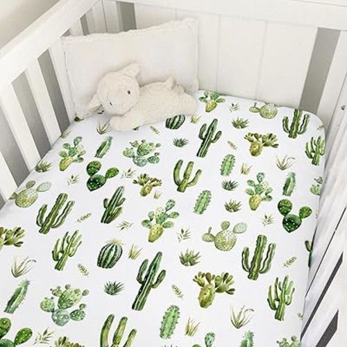 Watercolor Green Cactus Baby Crib Sheet 52''x28'' Boho Cactus Leaves Stretchy Fitted Crib Mattress Cover for Boy Girl Wild Desert Plants Soft Baby Bed Sheets for Standard Crib and Toddler Mattress
