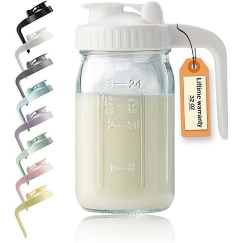 32oz Glass Pitcher with Lid & V-shaped Pour Spout - 1 Quart Breastmilk Pitcher Double Leak Proof, Creamer Container for Sun Tea, Juice, Cold Brew Coffee, Breastmilk Storage Container