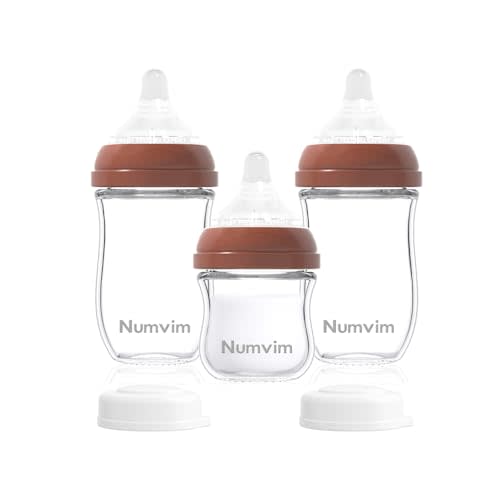 Numvim Glass Nurturing Baby Bottles Gentle & Extra Slow Flow, Newborn Breastfeeding Bottle with Anti Colic Nipple for 0 Months Babies, 3 Packs (Brown, 3oz+5oz)
