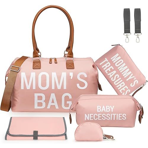 printe Large Diaper Bag Tote with Changing Pad, 2 Organized Pouches, Mom's Bag for Hospital with Pacifier Case, Straps, Stroller Hook, Hospital Weekender Travel Pink Baby Diaper Tote Bag