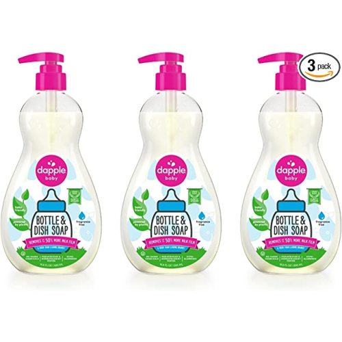 Dapple Baby Bottle Soap, Hypoallergenic Dish Soap for Baby Bottles, Powered by Plants, 1 Pump Included, Packaging May Vary, Fragrance Free, 16.9 Fl Oz (Pack of 3)