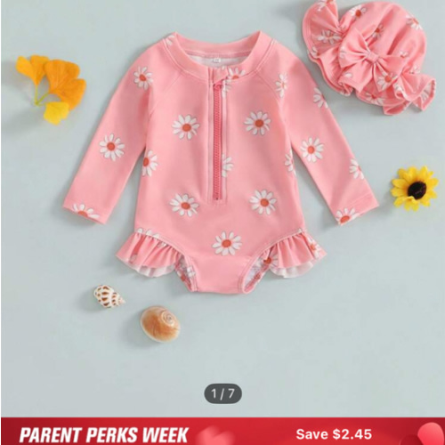 2Pcs Baby Girls Swimsuit Long Sleeve Flower Print Zipped Bikini With Hat Newborn Swimwear For Summer Bathing