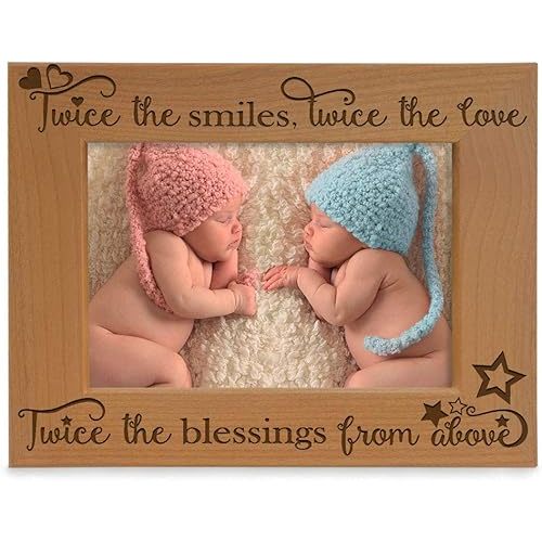 KATE POSH - Twice the Smiles, Twice the Love, Twice the Blessings from above - Engraved Natural Wood Picture Frame - Twins photo frame, Twins gifts for babies, Twins gifts for mom (4x6-Horizontal)