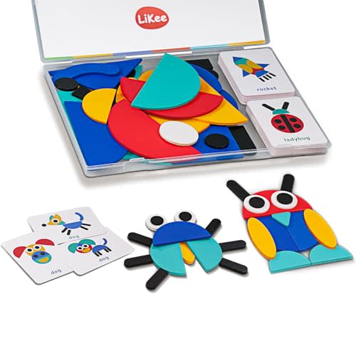 LiKee Wooden Shape Puzzle, 36 Blocks & 60 Cards, Montessori Toy for Kids 3+ | open-end