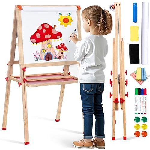 Wooden Adjustable Easel for Kids,Quick-Fold Kids Easel with Paper Roll&Accessories, Double Sided Painting Easels for Toddlers 3,4,5,6,7,8,9,10 Years,Perfect Painting Gifts&Supplies for Boys&Girls