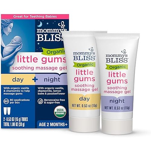 Mommy's Bliss Organic Little Gums Soothing Massage Gel Day and Night Combo, Great for Teething Babies, Age 2 Months+, Sugar Free, Mild & Sweet Flavor, 2 - 0.53 Oz Tubes (Pack of 1)