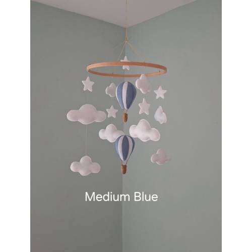 Hot Air Balloon Nursery Mobile: Felt Cloud & Star Decoration All Colours - Primary color: Light Blue