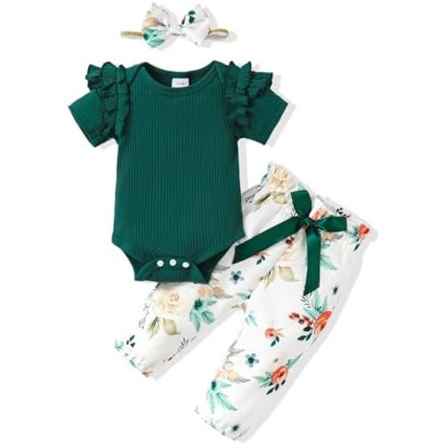 Baby Girl Clothes Infant Girl Ruffle Ribbed Romper Floral Pants Set Cute Newborn Girl Clothes