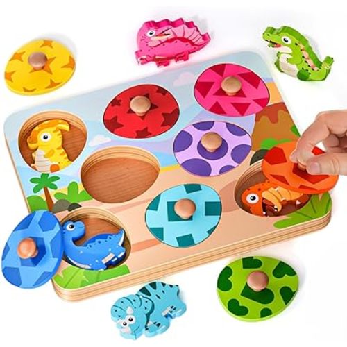 Wooden Puzzles for Toddlers 1-3, Montessori Toys for 1 2 Year Old Boy Birthday Gifts, Dinosaur Matching Eggs Peg Puzzles for Toddlers Age 2-4, Preschool Learning Activities for Girls