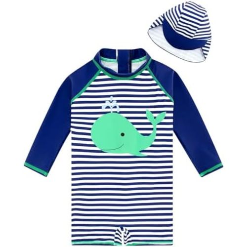 Baby Boys One Piece Swimsuit Long Sleeve UPF 50+ Rash Guard Bathing Suit Swimwear with Sun Hat 3-24 Months