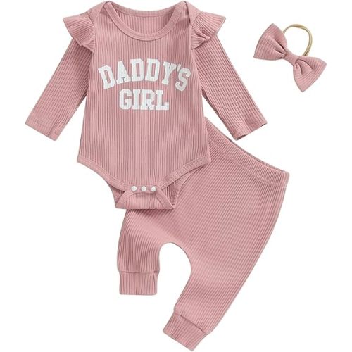 Tsnbre Newborn Baby Girl Outfits Daddys Girls Ruffle Long Sleeve Romper Top Pants Headband Infant Fall Winter Clothes
