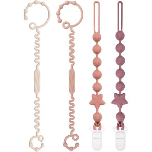 Babygoal Silicone Pacifier Clips 4 Pack,2pcs Pacifier Holder Clip with 2pcs Toy Strap Chain for Baby Boy Girl Fits All Pacifier,Binky,Teething Toys,Highchairs,Car Seat,Strollers-Neutral Color