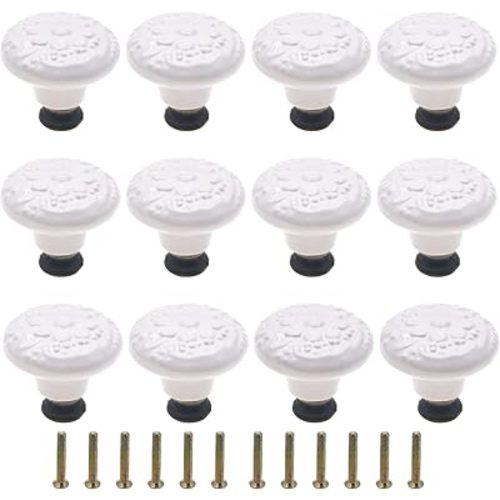 12Pcs White Ceramic Cabinet Knobs Floral Dresser Drawer Knobs with Mounting Screws, 1.34in Diameter