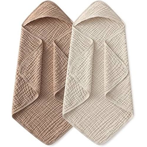 Yoofoss Hooded Baby Towels for Newborn 2 Pack 100% Muslin Organic Cotton Baby Bath Towel with Hood for Babies, Infant, Toddler and Kids, 32x32Inch, Soft and Absorbent Newborn Essential, Beige&Coffee