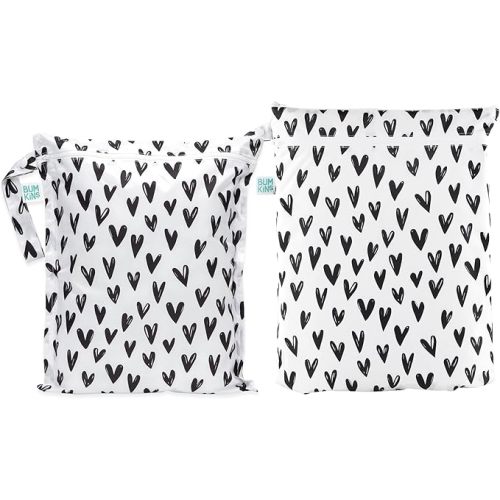 Bumkins - Waterproof Wet and Wetdry Bags - For Beach, Baby, Travel, Swim Suit, Cloth Diapers, Pump Parts, Pool, Gym, Toiletries - Reusable & Easy to Clean - Black Hearts - 2 Pack
