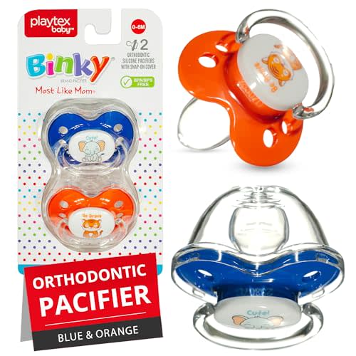 Playtex Baby Binky Orthodontic Pacifier with Snap-On Cover, Air Comfort Shield, Medical Grade Silicone, Blue & Orange, 2 Count