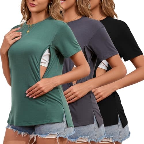 Liu & Qu Breastfeeding Shirts for Women 3 Pack Hidden Zipper Nursing Tops Side Split Postpartum Clothes