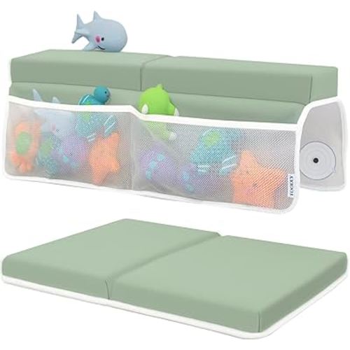 Baby Bath Kneeler and Elbow Rest Pad Set - Baby Bath Support for Knees and Elbows - Bath Kneeler Pad with Memory Foam and Bath Toys Organizer - Ideal Bath Kneeling Pad for Bathing Baby - Green