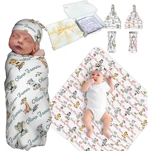 Personalized Baby Swaddle Blanket for Boys & Girls - Custom Name Blanket with Animals