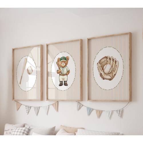 Set of 3 Baseball Prints, Teddy Bear Wall Art Set, Sports Posters, Modern Art, Bear Kids Bedroom Decor, Boy Nursery Decor, Playroom Prints