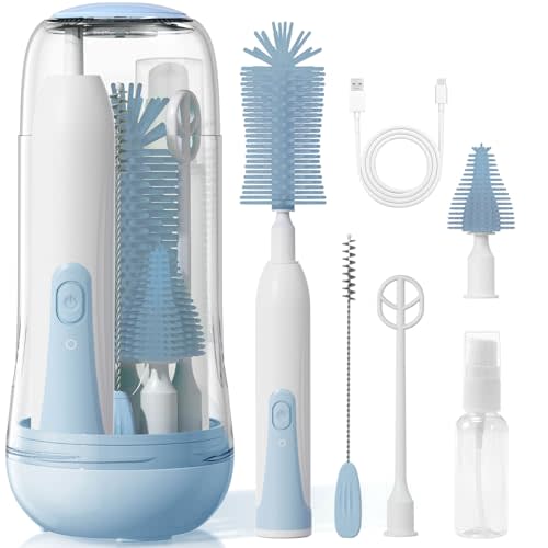 Duoffanny Electric Bottle Brush Cleaner, Baby Bottle Cleaning Kit with Nipple Straw Brushes Drying Rack Soap Dispenser Rechargable Waterproof Multi-Purpose E-Brush Set for Travel & Home, Blue