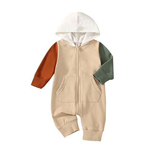 BemeyourBBs Newborn Baby Boy Clothes Color Block Long Sleeve Hooded Romper with Pocket Fall Winter One Piece Outfits