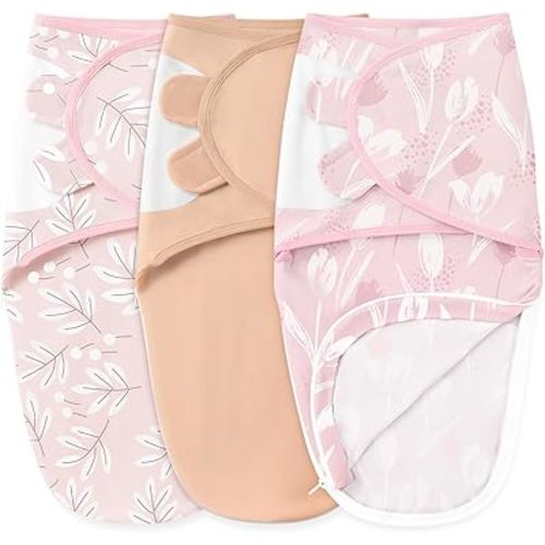 Baby Swaddles for Newborns with Zipper, 100% Cotton Newborn Swaddle Sack, 3 Pack Baby Swaddles 0-3 Months Swaddle Sleep Sack for Newborn Baby Boy Girl Pink Flowers & Leaf