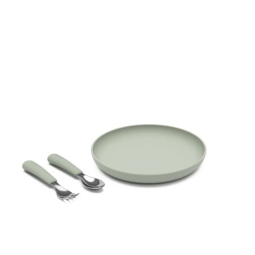 Lalo 3pc Silicone Toddler Plate + Utensils Mealtime Set - Oatmeal