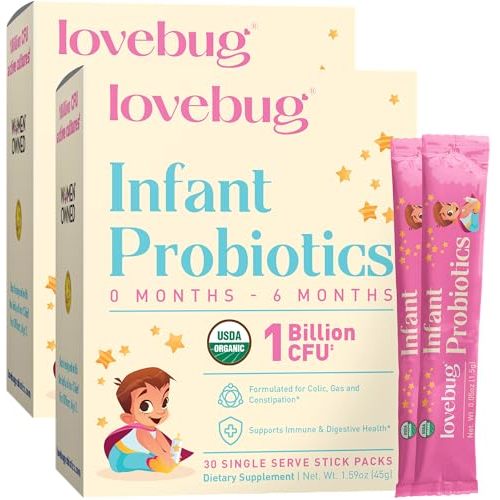 Lovebug Infant Probiotics 0-6 Months - USDA Organic Probiotics for Babies, Supports Baby Gas, Colic, Reflux, Diarrhea and Newborn Constipation Relief, Allergen & Sugar Free, Tasteless Powder, 30 Pack