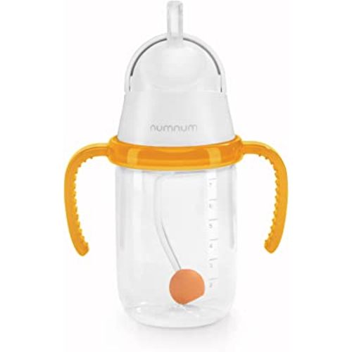numnum Weighted Straw Training Cup | Infants + Toddlers 6 months+ | BPA Free No-Spill Removable Handles | Babies Drinking and Self Feeding Development | 7 ounce (Orange)