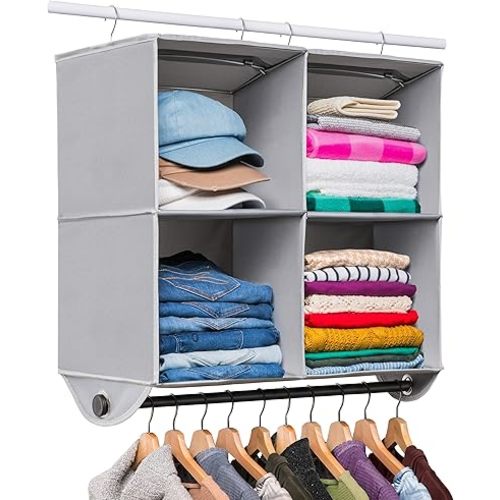 Hold N' Storage - 4 Shelf Hanging Closet Organizer - Closet Hanging Shelves Storage and RV Closet Hanging Organizer- Grey with Black Metal Rod - 24” W x 12” D x 29-1/2” H - Perfect for College Dorms