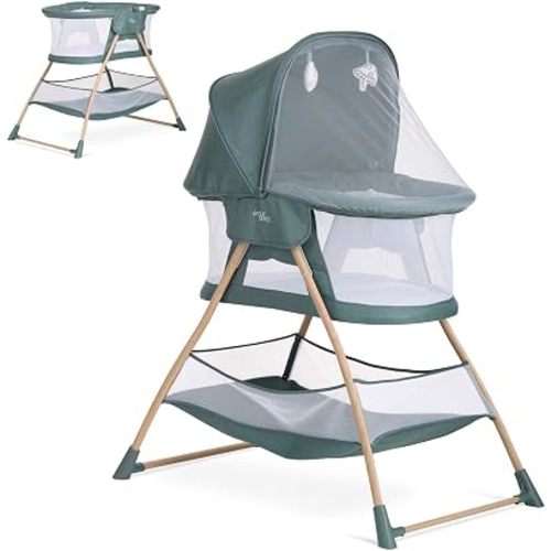 Evolur Cozy Dreamer Bassinet – Portable Baby Bassinet with Canopy, High-Density Mesh Over & Comfort Toys, Foldable Lightweight Travel Bassinet for Newborn – Green