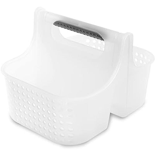 Madesmart 2-Compartment Soft Grip Shower Tote for Bathroom Organization, Plastic Storage Shower Caddy Bucket, Small, Frost